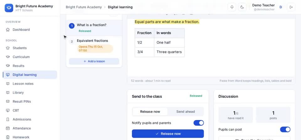 HTT Schools: open the discussion — the screen at this step