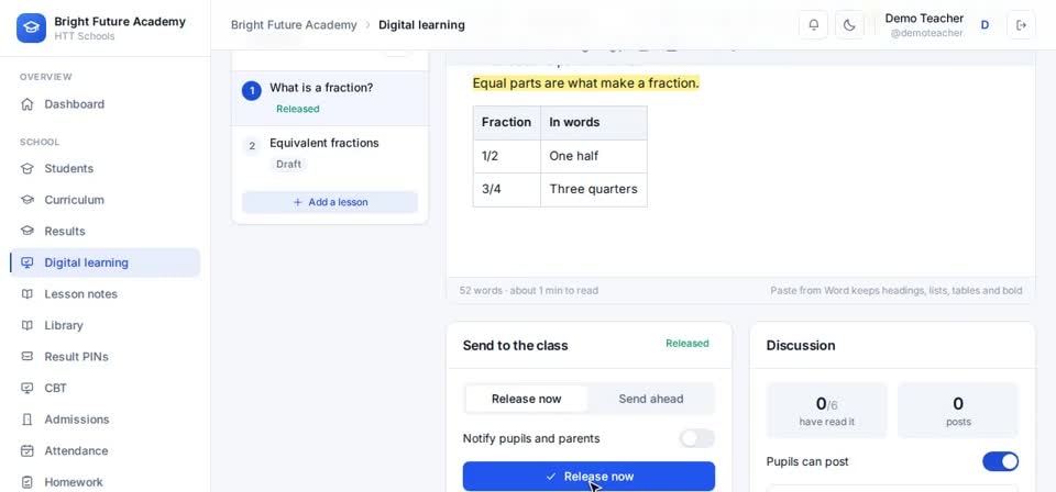 HTT Schools: release now — the screen at this step