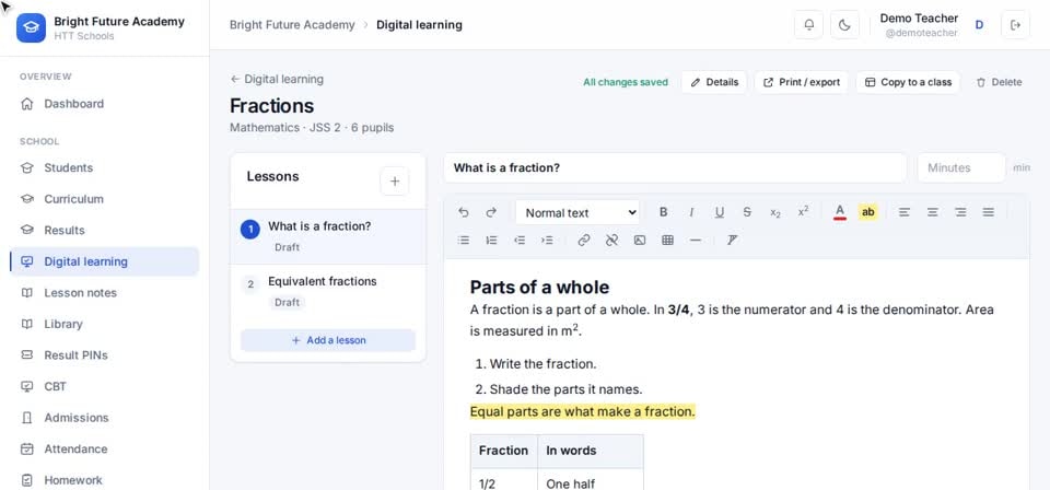 HTT Schools: open the note — the screen at this step