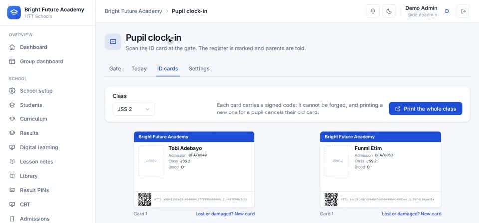 HTT Schools: id cards — the screen at this step
