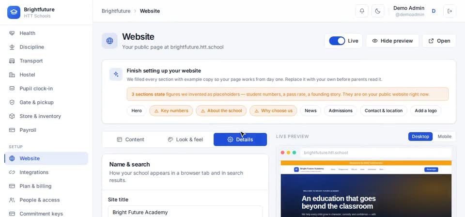 HTT Schools: publishing — the screen at this step