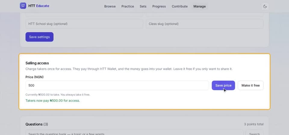 HTT Educate: selling access — the screen at this step