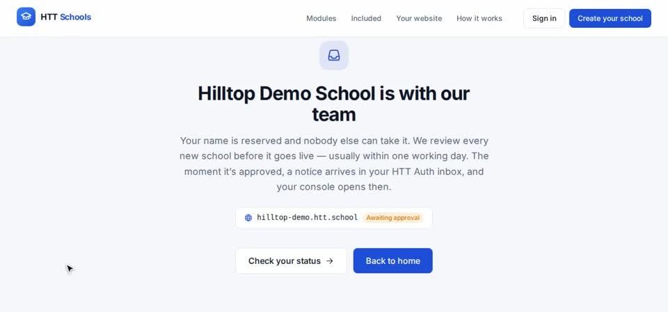HTT Schools: create school — the screen at this step
