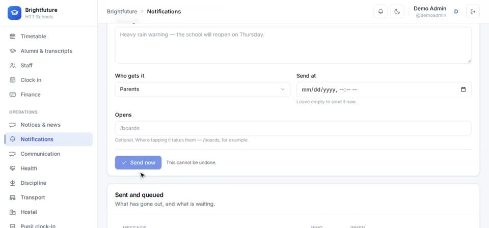 HTT Schools: sent and queued — the screen at this step