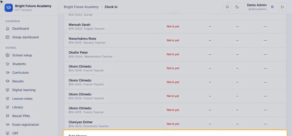 HTT Schools: today — the screen at this step
