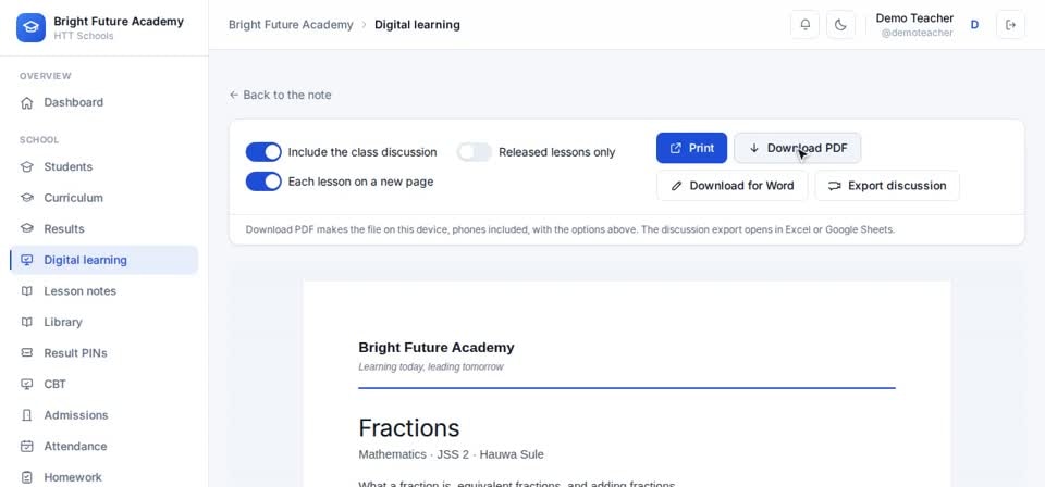 HTT Schools: download pdf — the screen at this step
