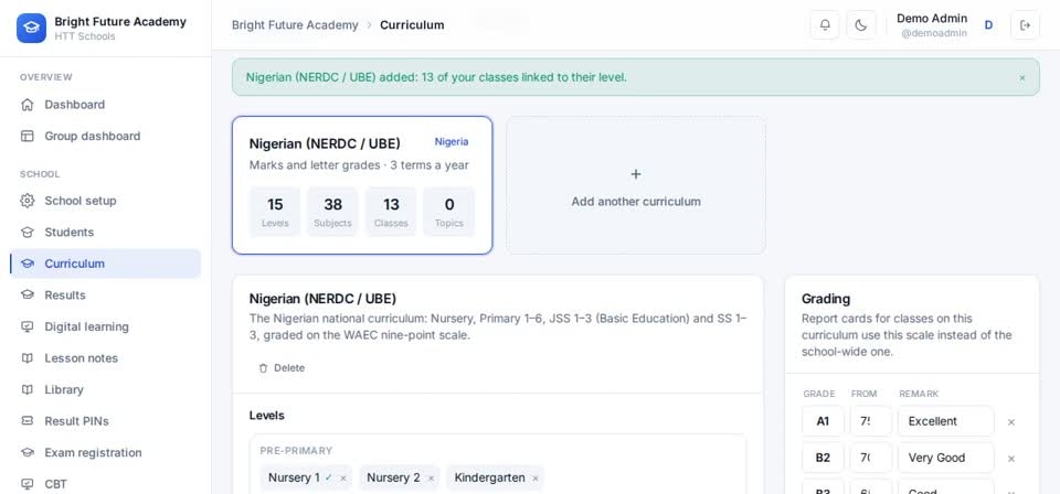 HTT Schools: grading — the screen at this step
