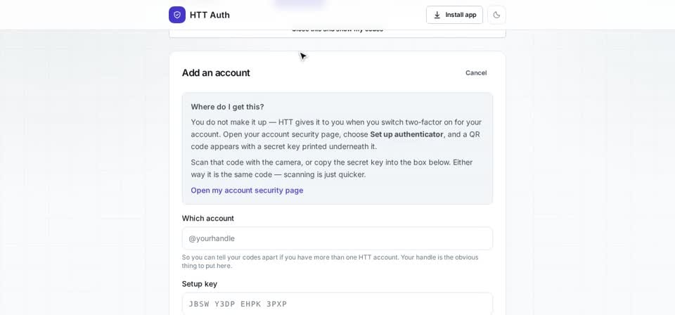 HTT Auth: where the key comes from — the screen at this step