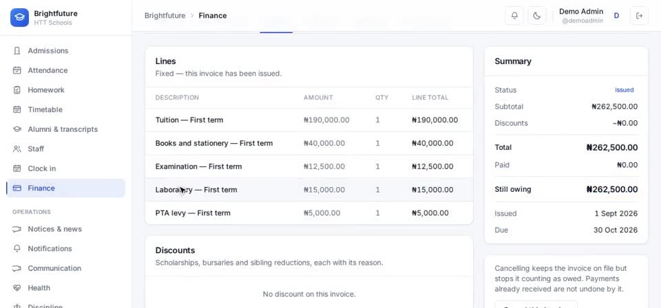 HTT Schools: the invoice — the screen at this step