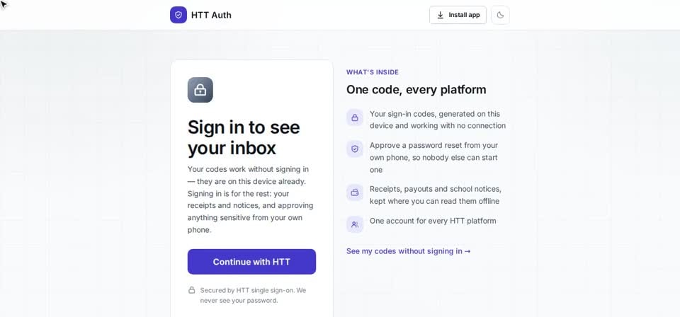 HTT Auth: codes need no sign-in — the screen at this step