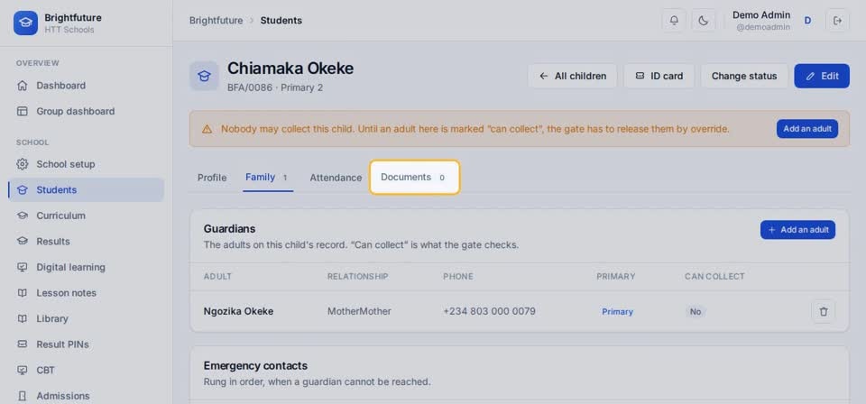HTT Schools: documents and id card — the screen at this step