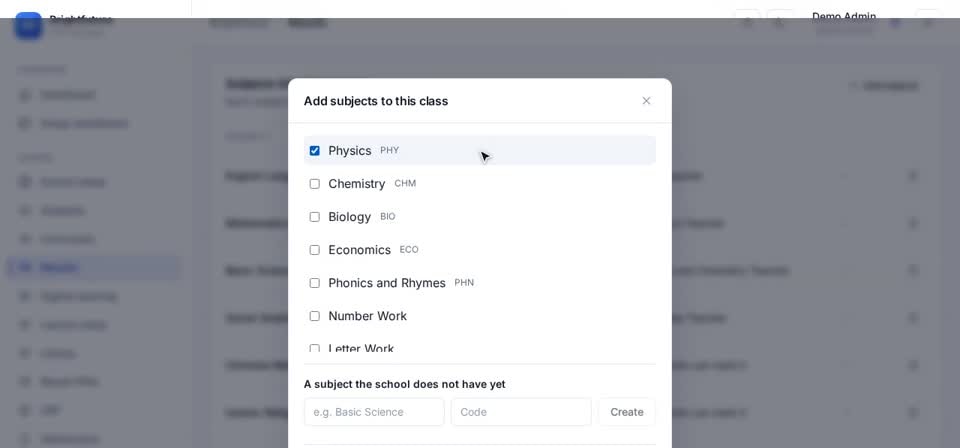 HTT Schools: add subjects — the screen at this step