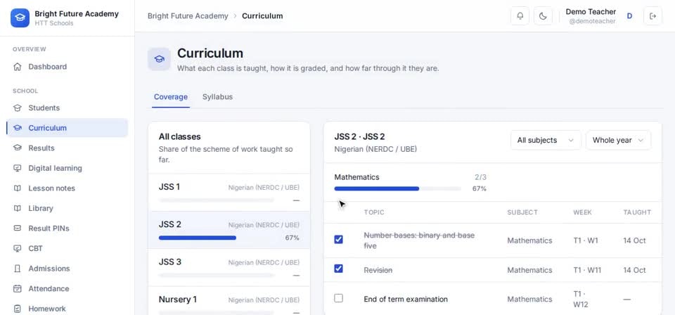 HTT Schools: tick a topic — the screen at this step