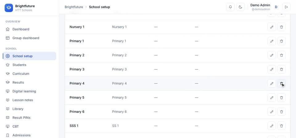 HTT Schools: delete a class — the screen at this step
