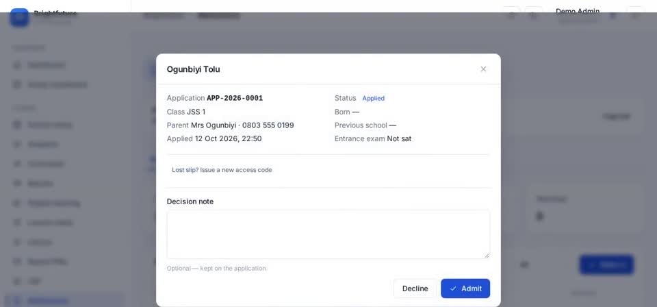 HTT Schools: admit and enrol — the screen at this step