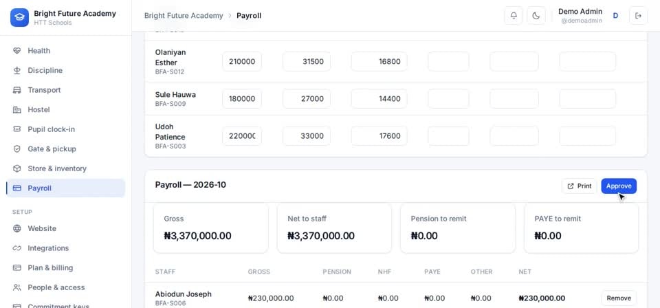 HTT Schools: payslips — the screen at this step