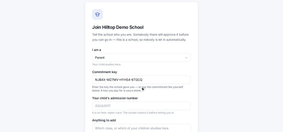 HTT Schools: one-time code — the screen at this step