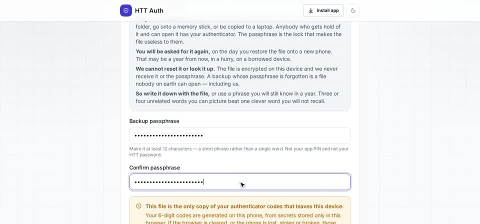 HTT Auth: backup passphrase — the screen at this step