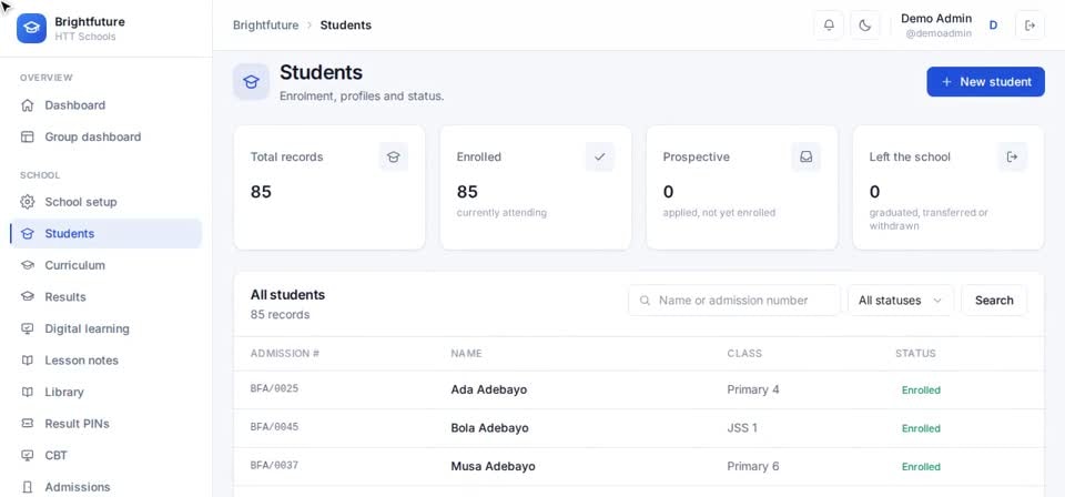 HTT Schools: open students — the screen at this step
