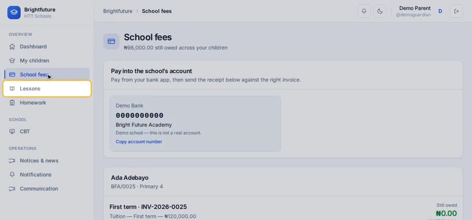 HTT Schools: lessons and homework — the screen at this step