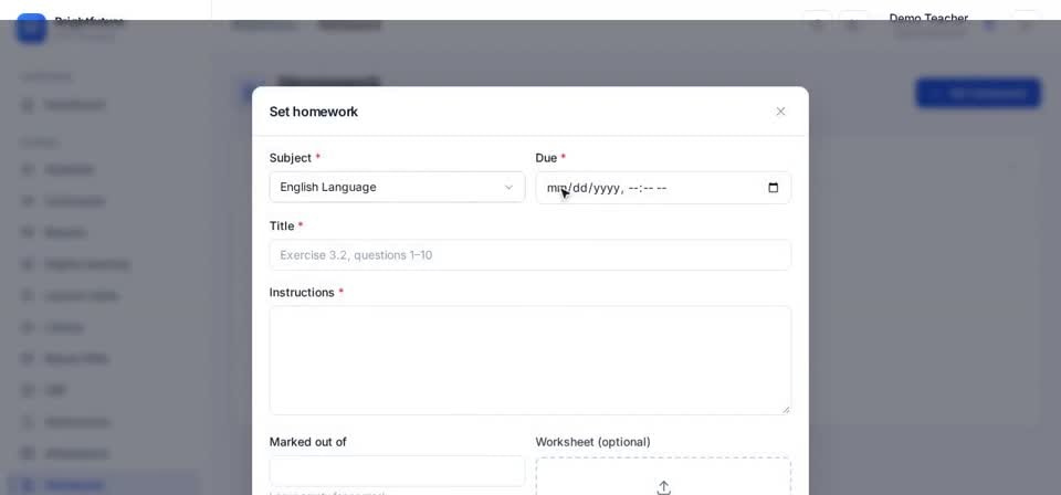 HTT Schools: set homework — the screen at this step