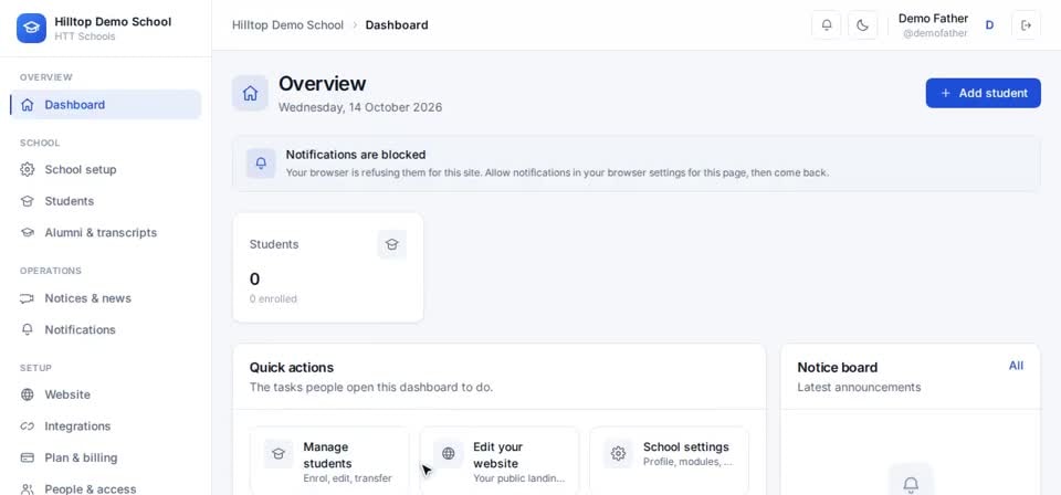 HTT Schools: one-time code — the screen at this step