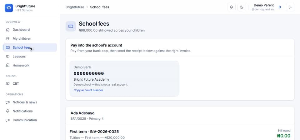 HTT Schools: school fees — the screen at this step