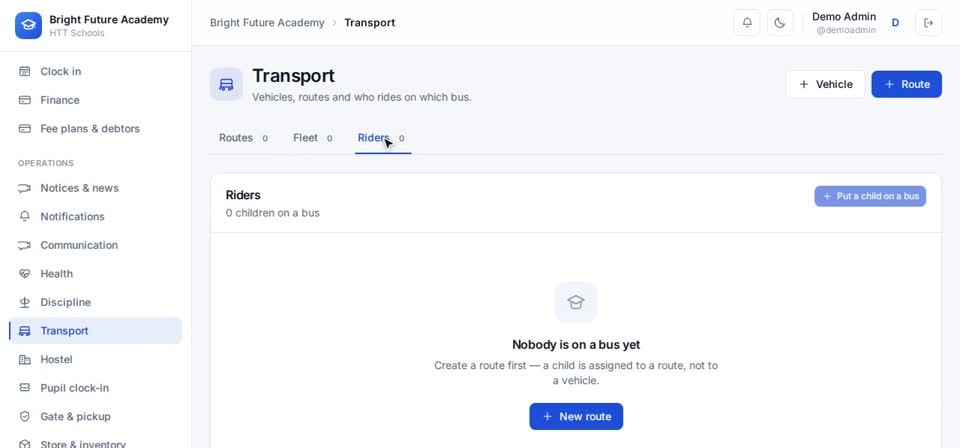 HTT Schools: transport — the screen at this step