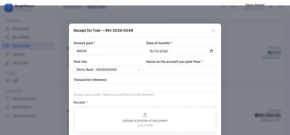 HTT Schools: the invoice — the screen at this step