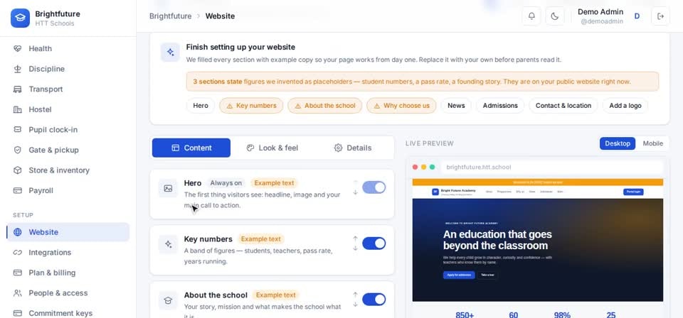 HTT Schools: sections — the screen at this step