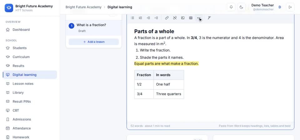 HTT Schools: everything else — the screen at this step