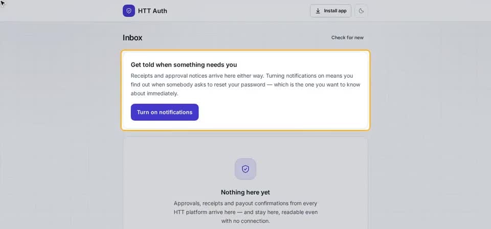 HTT Auth on screen, from the “Turning on notifications” training