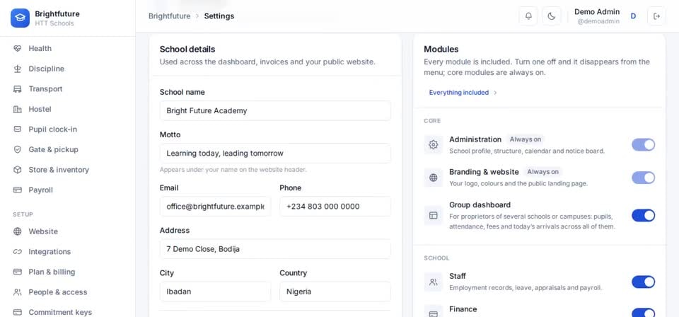 HTT Schools: settings — the screen at this step