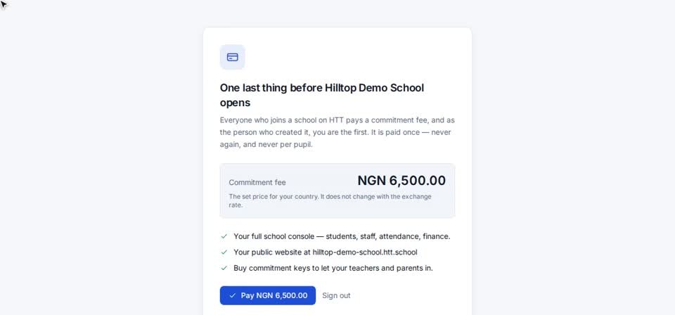 HTT Schools on screen, from the “Approval and paying the founding fee” training