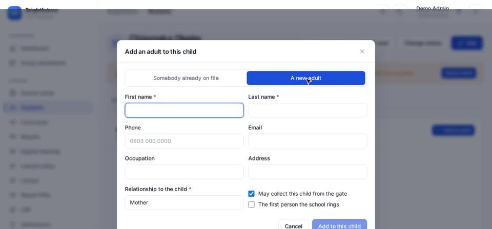 HTT Schools: add an adult — the screen at this step