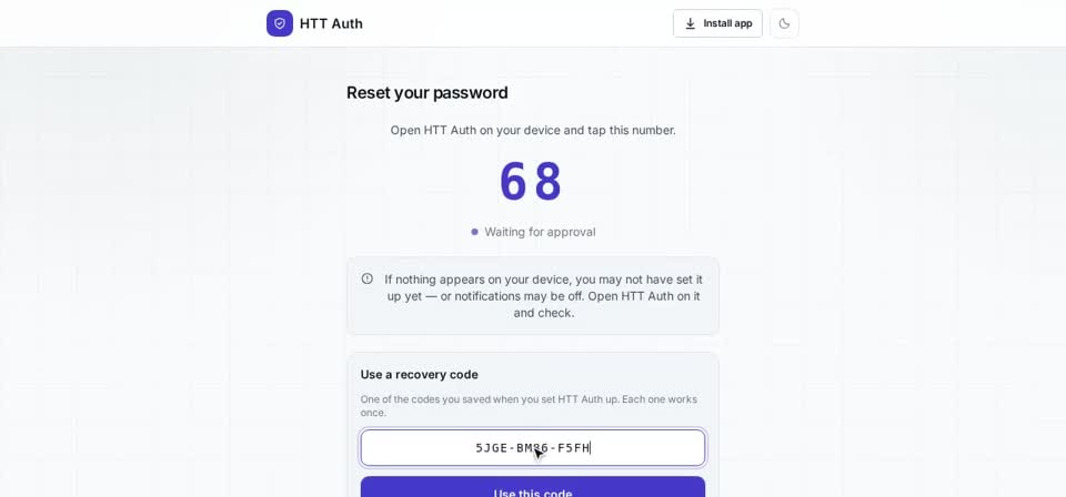 HTT Auth: your recovery code — the screen at this step
