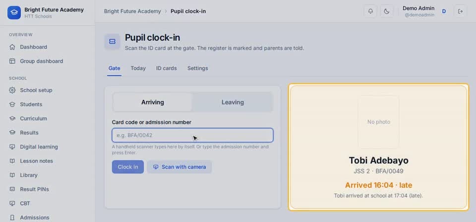 HTT Schools: forgot the card — the screen at this step
