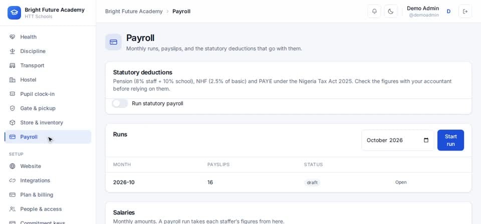 HTT Schools: statutory deductions — the screen at this step