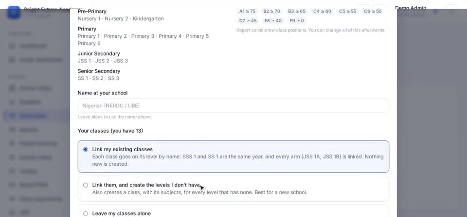 HTT Schools: your classes — the screen at this step