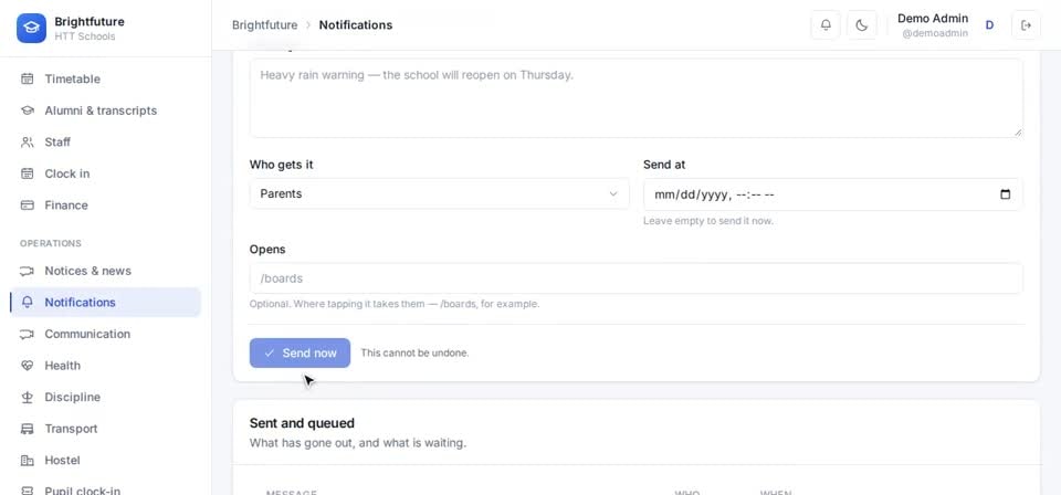 HTT Schools: schedule it — the screen at this step