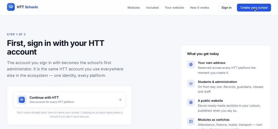 HTT Schools: create your school — the screen at this step