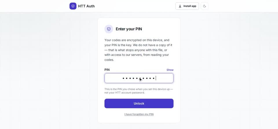 HTT Auth on screen, from the “Your PIN and settings” training