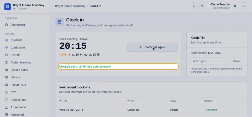 HTT Schools: clock out — the screen at this step