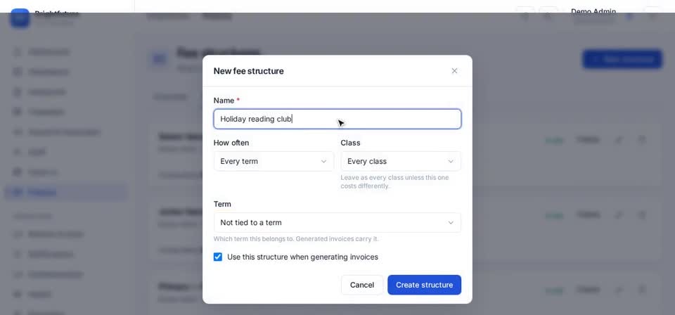 HTT Schools: how often, which class — the screen at this step