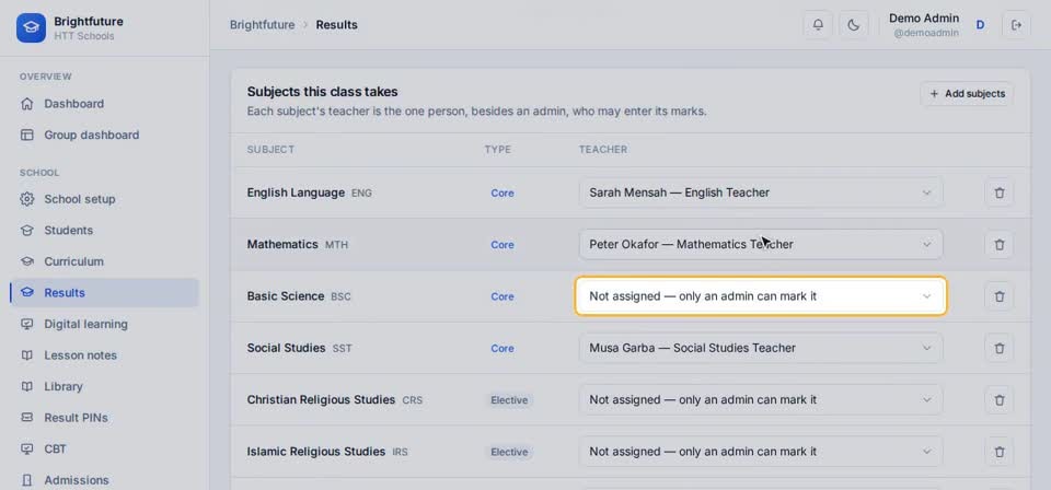 HTT Schools: unassign — the screen at this step
