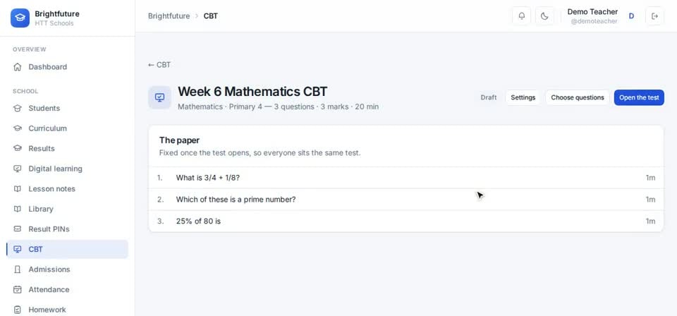 HTT Schools: open the test — the screen at this step