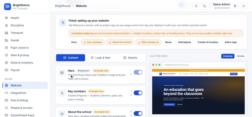 HTT Schools: example text — the screen at this step