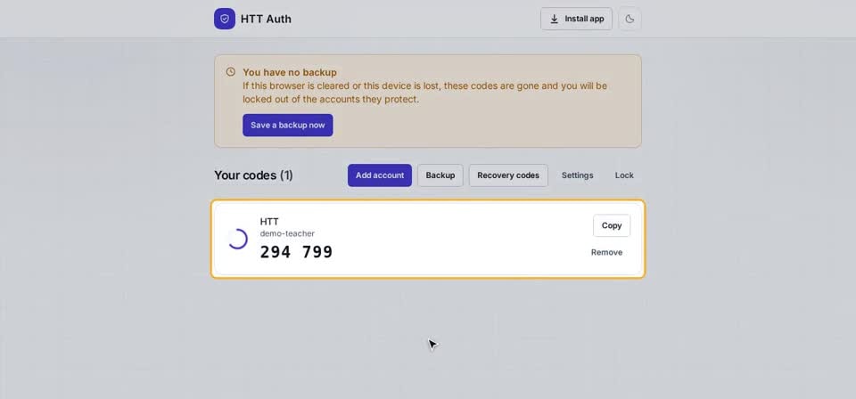 HTT Auth: your codes are back — the screen at this step