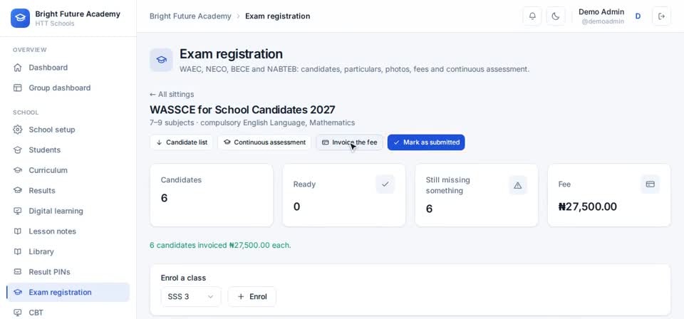 HTT Schools: submitted — the screen at this step