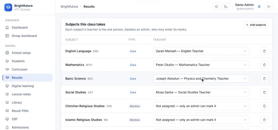 HTT Schools: assign a teacher — the screen at this step
